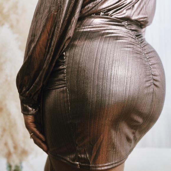 Bronze metallic mini asymmetrical deep-v dress - Picture 6 of 10